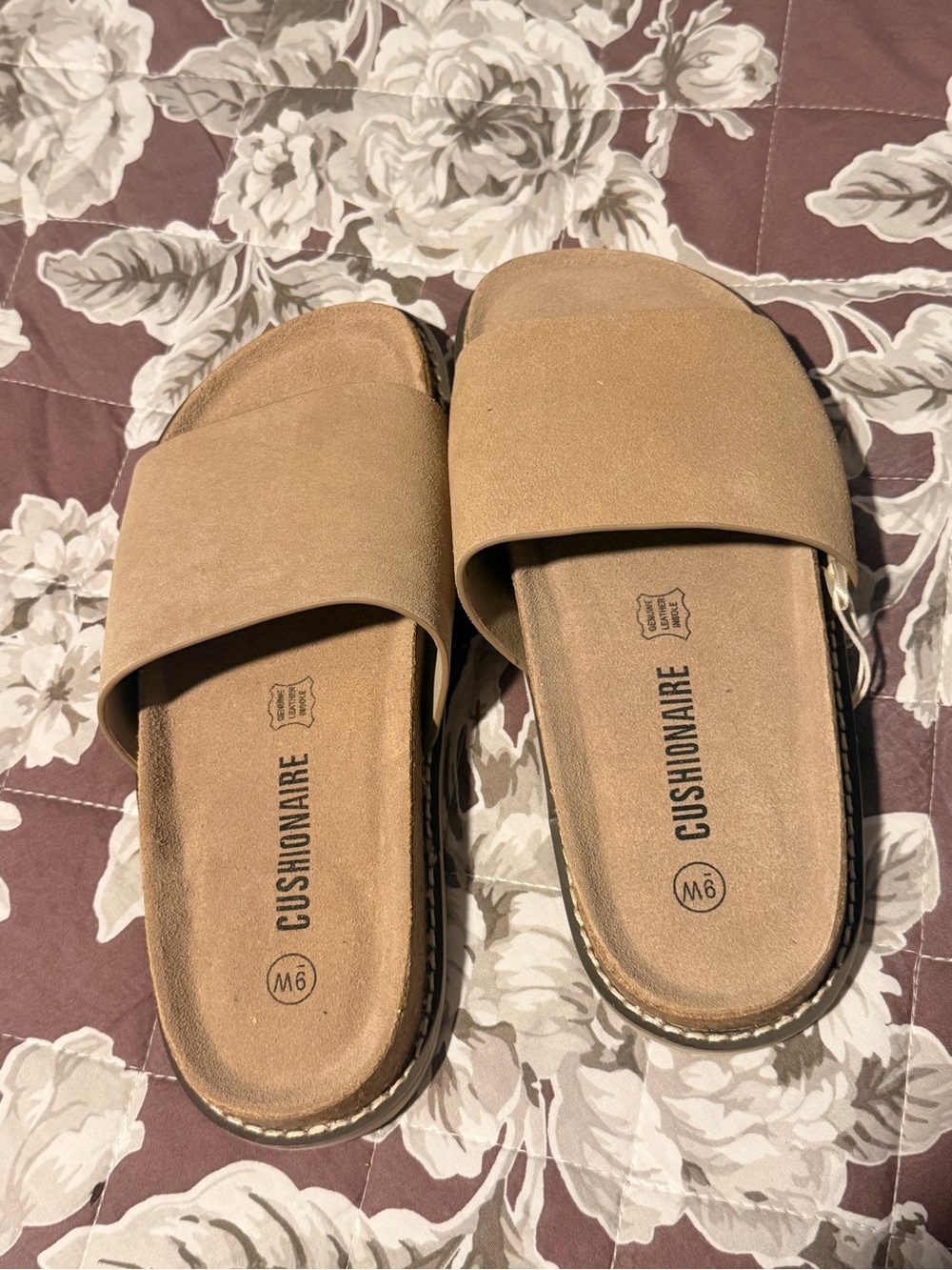 Cushionaire Women's Tan Slide Sandals - Wide Strap Comfort